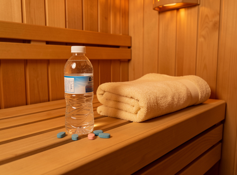 Water bottle and electrolyte tablets on an infrared sauna bench beside a towel