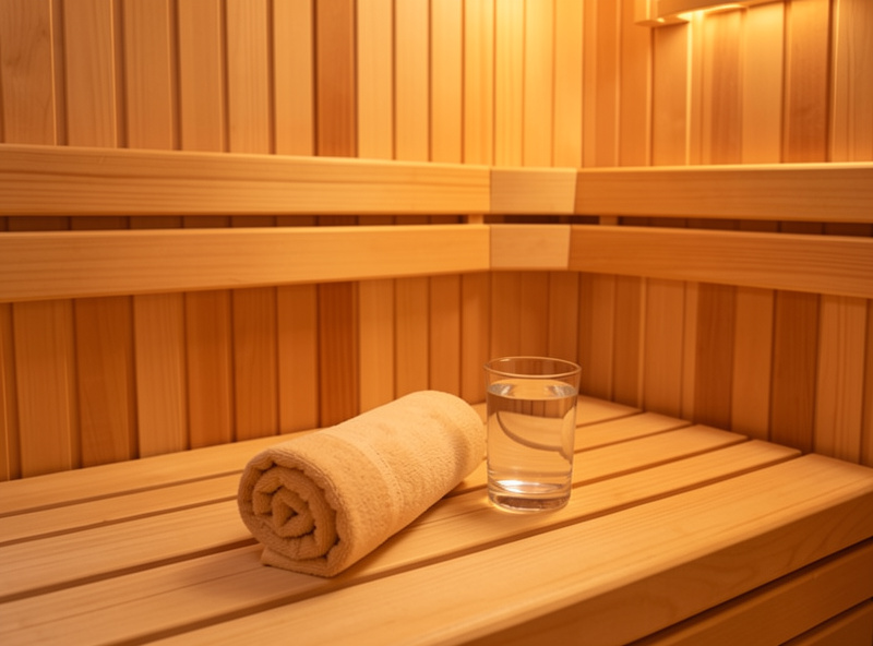 Calm infrared sauna interior with a glass of water and towel suggesting a measured session