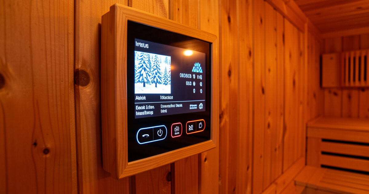 Infrared sauna control panel mounted in a wood cabin with the display lit