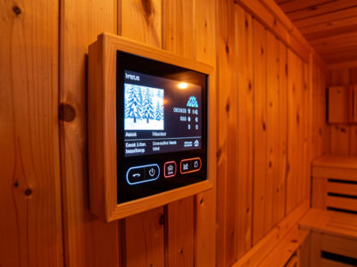Infrared sauna control panel mounted in a wood cabin with the display lit
