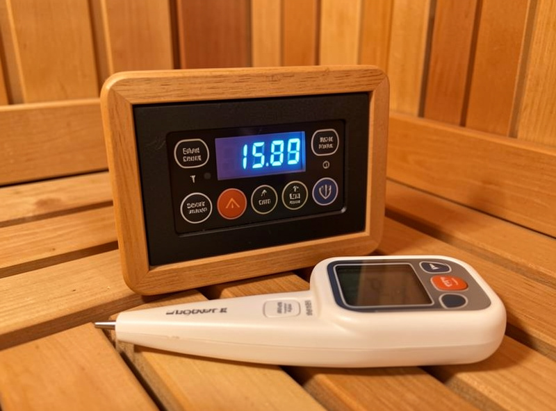Infrared sauna control display reading 140 degrees beside a handheld thermometer at bench level reading lower