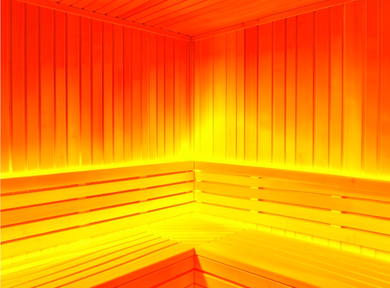 Thermal camera image of infrared sauna panels showing surface temperature variation across the cabin