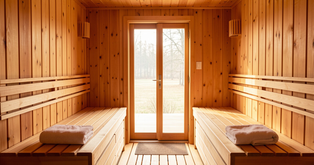 Interior of a two-person infrared sauna cabin with two folded towels on facing hemlock benches