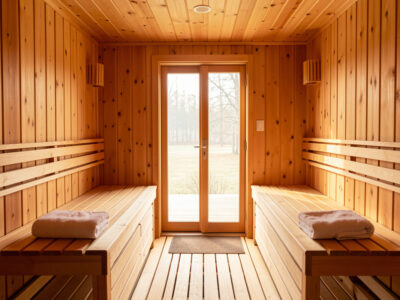 Interior of a two-person infrared sauna cabin with two folded towels on facing hemlock benches