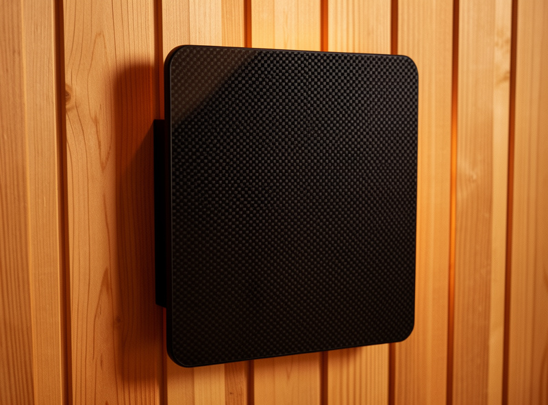 Close-up of a black carbon-fiber infrared heater panel mounted on a hemlock sauna wall