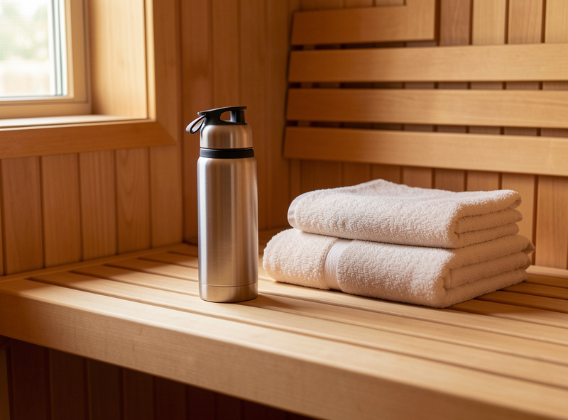 Two stainless water bottles and two folded towels resting on a warm wooden infrared sauna bench