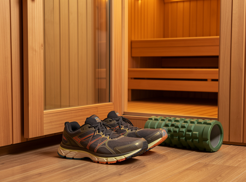 Trail running shoes and a foam roller beside an infrared sauna door