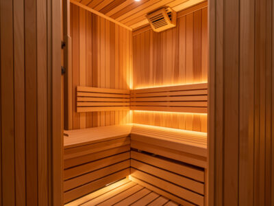 Infrared sauna cabin interior with a supportive hemlock bench and soft warm ambient light