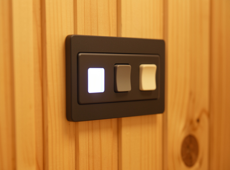 Large-button digital control panel mounted on a light wood infrared sauna wall