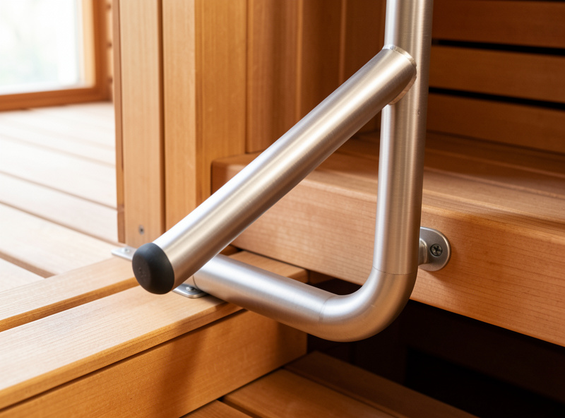 Brushed steel grab bar beside a low wooden sauna step threshold