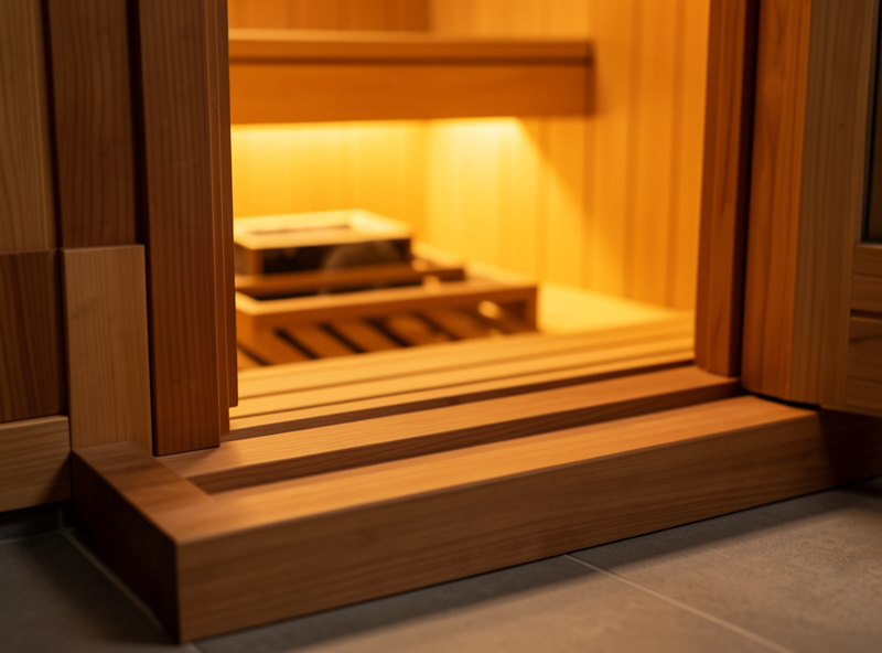 Low flat step-in threshold of an infrared sauna door with warm hemlock interior glow