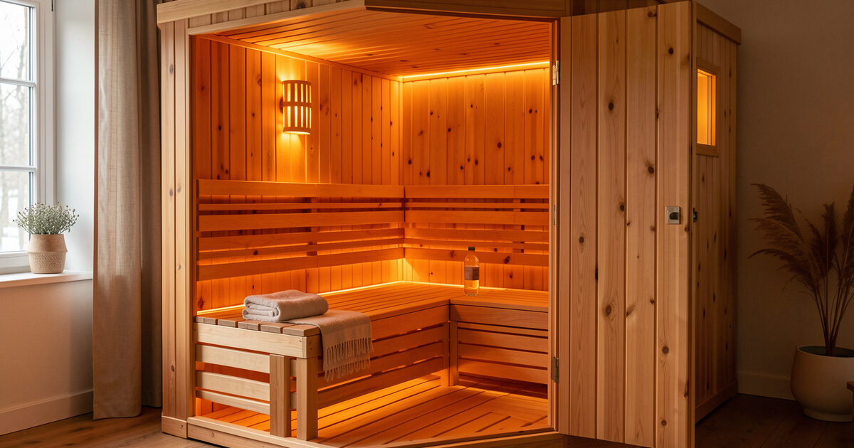Two-person infrared sauna cabin in a warm Scandinavian home with a towel and water bottle on the bench