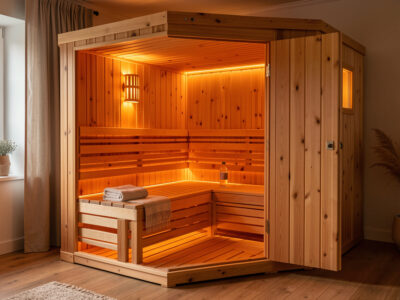 Two-person infrared sauna cabin in a warm Scandinavian home with a towel and water bottle on the bench