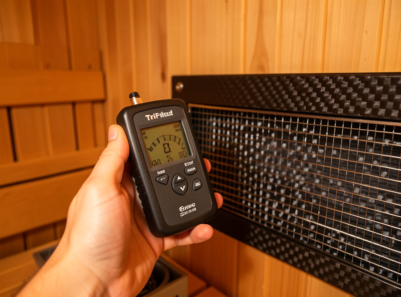 TriField EMF meter held next to a carbon-fiber heater panel inside an infrared sauna