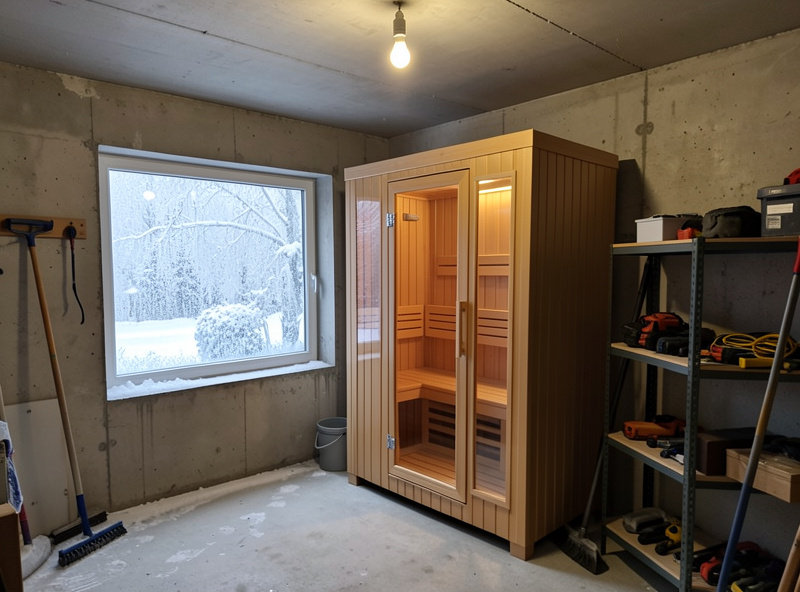 Infrared sauna cabin standing in a cold unheated concrete garage in winter with frost on the window