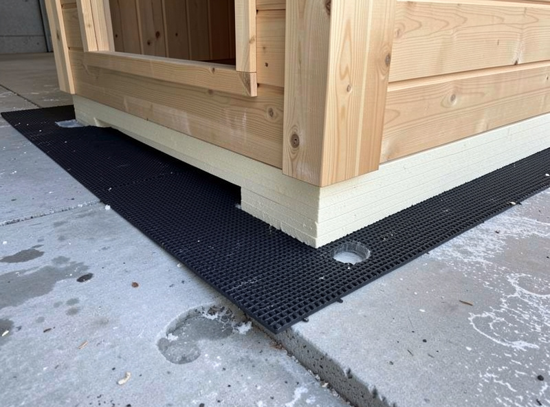 Rigid foam insulation boards and a rubber mat placed under a sauna cabin base on a garage slab