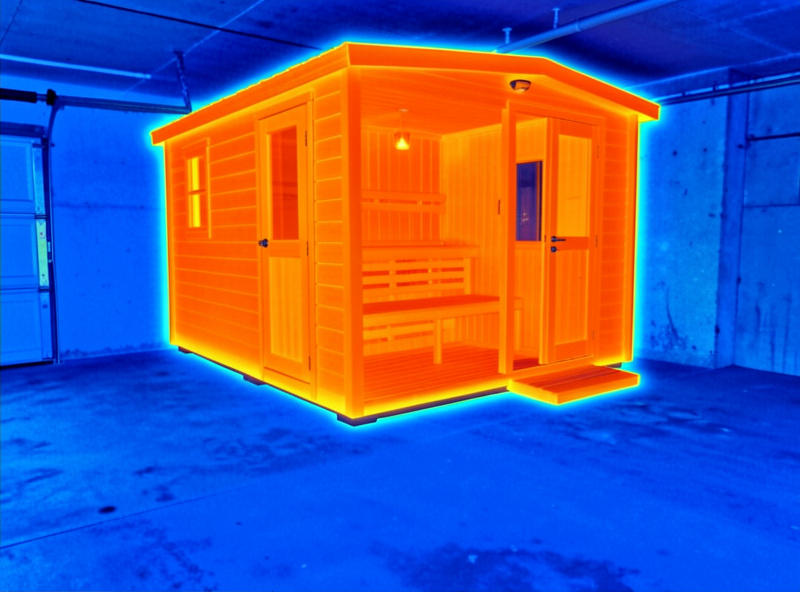 Thermal camera image of a cold blue garage slab beneath a warm infrared sauna cabin
