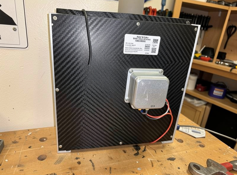 Close-up of a carbon-fiber infrared sauna heater panel showing its wiring and rating label on a workshop bench