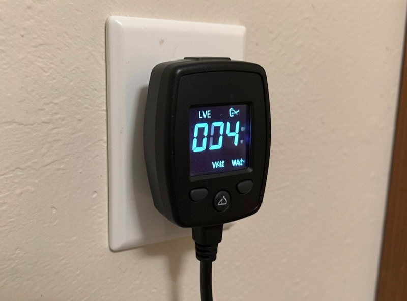 Plug-in watt meter displaying the live power draw of an infrared sauna in watts