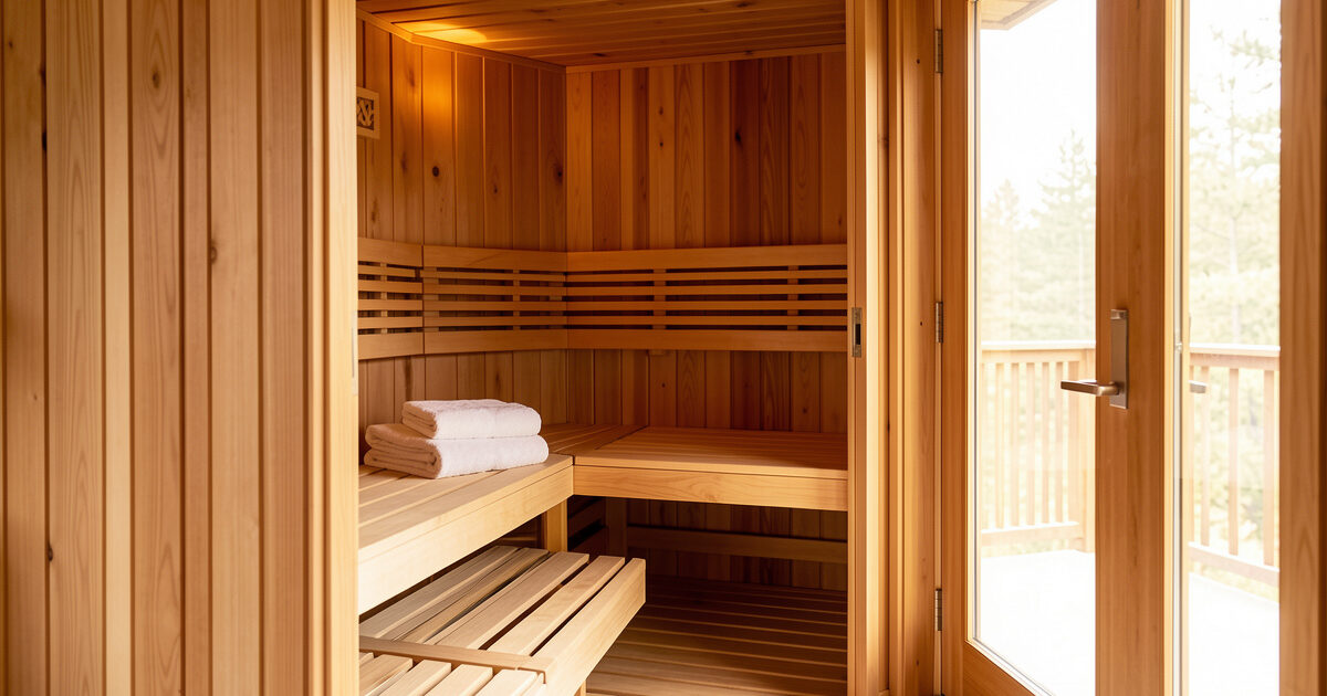 Clean two-person hemlock infrared sauna cabin interior with folded towels on the bench