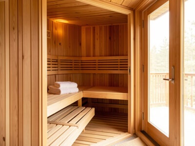 Clean two-person hemlock infrared sauna cabin interior with folded towels on the bench