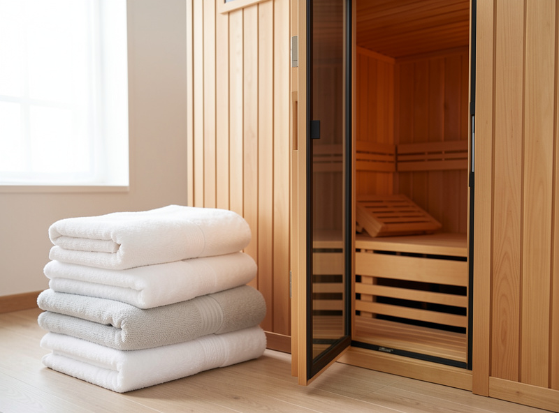 Folded cotton and microfiber towels beside an open infrared sauna door with the cabin airing out