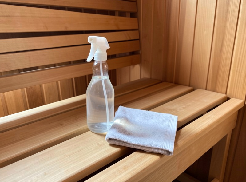A spray bottle of diluted white vinegar and a folded cloth on a hemlock sauna bench