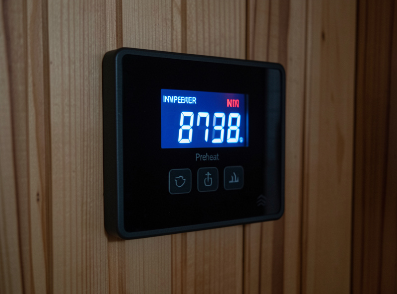 Infrared sauna control panel showing the temperature climbing during a cold winter morning preheat