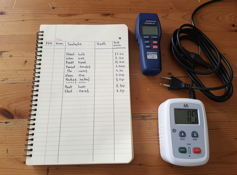 Session log notebook with preheat times and kWh figures beside an infrared thermometer and energy meter