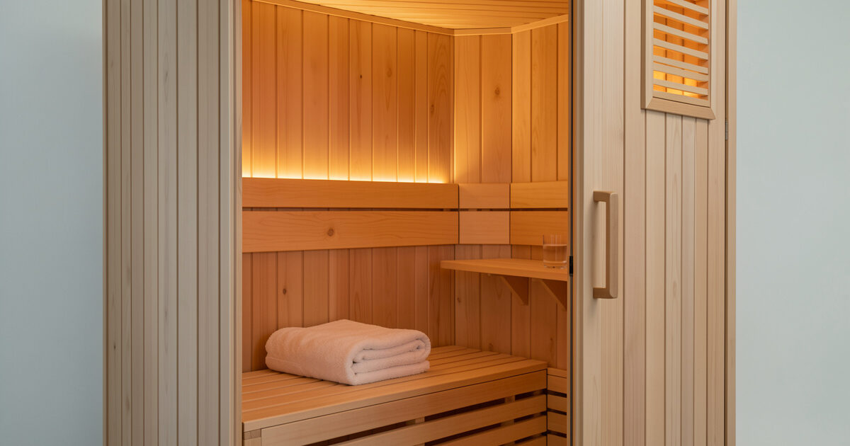 Gentle low-temperature infrared sauna cabin with a folded towel and a glass of water on the bench
