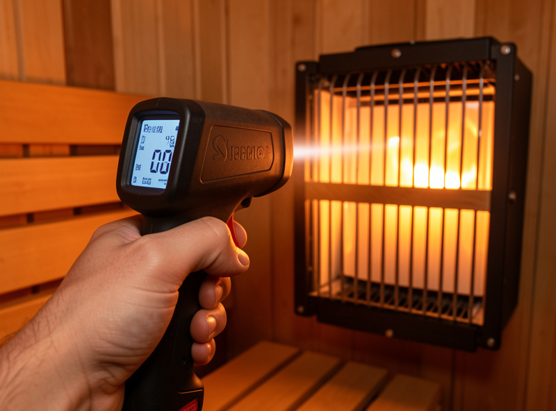 Hand pointing an infrared thermometer at a radiant heater panel inside a wooden sauna