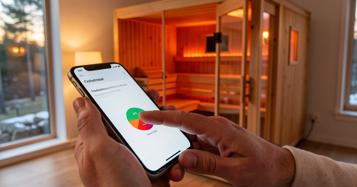 Tapping a sauna preheat button on a phone as the cabin warms up