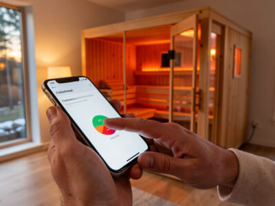 Tapping a sauna preheat button on a phone as the cabin warms up