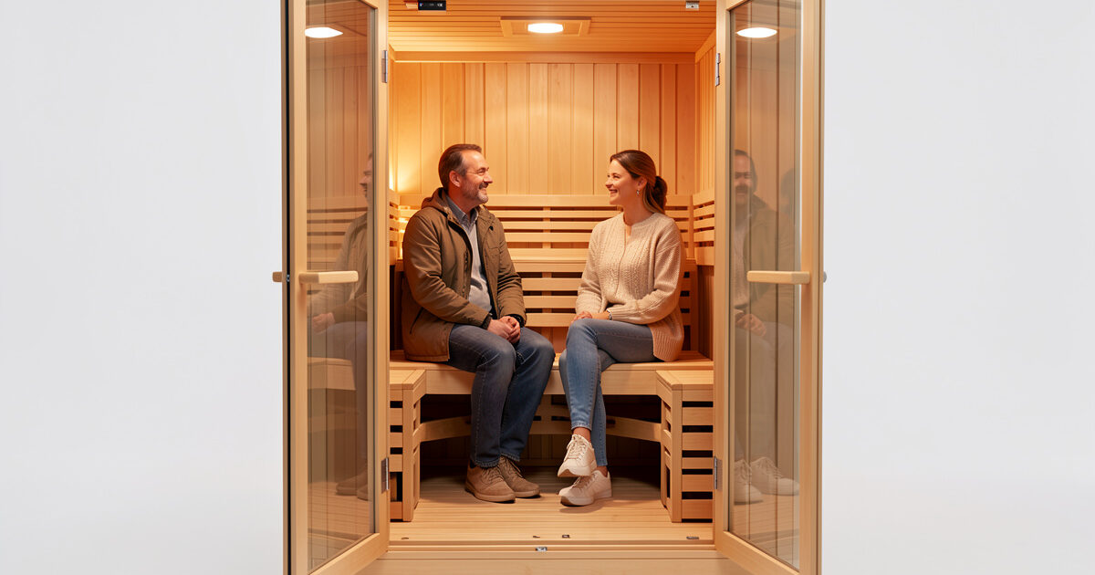 Two people seated in a compact two-person infrared sauna cabin