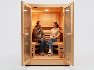Two people seated in a compact two-person infrared sauna cabin