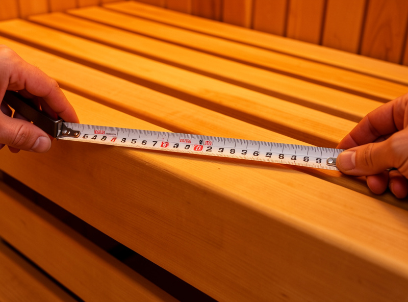 Steel tape measure laid across a wooden infrared sauna bench measuring seat depth