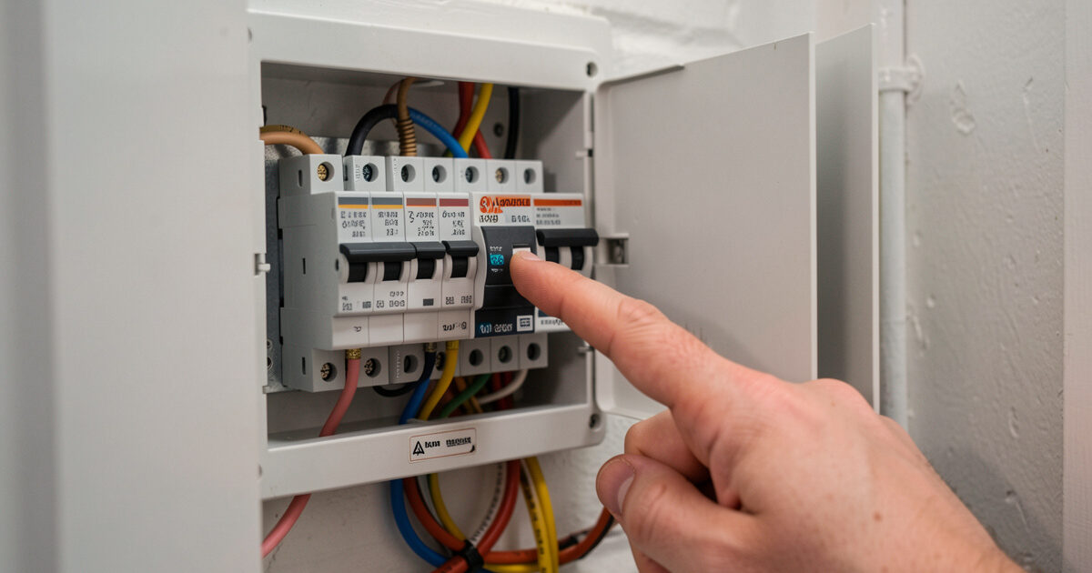Open home electrical breaker panel during diagnosis of an infrared sauna circuit trip