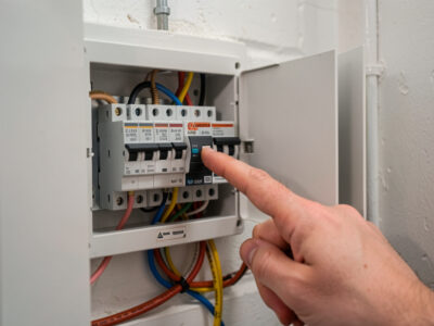 Open home electrical breaker panel during diagnosis of an infrared sauna circuit trip