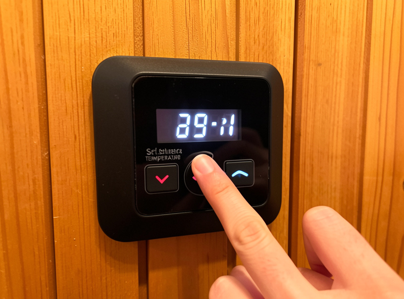 Close-up of a digital infrared sauna control panel with a finger pressing the down arrow