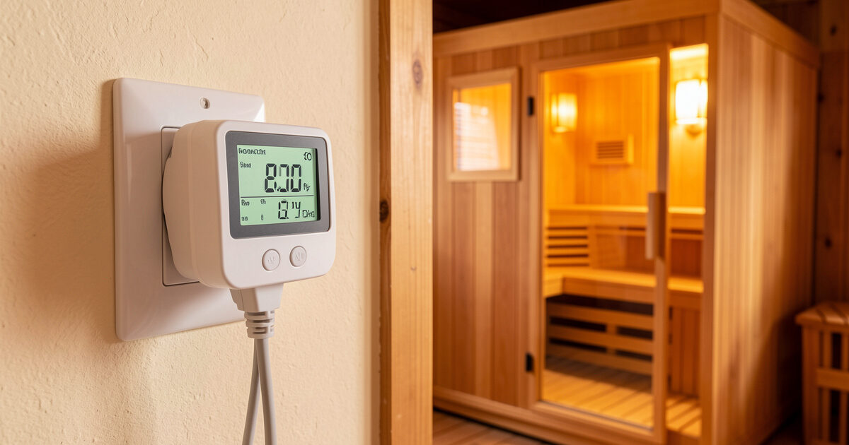 Plug-in energy meter beside an infrared sauna cabin showing a wattage reading