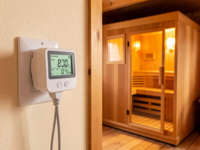 Plug-in energy meter beside an infrared sauna cabin showing a wattage reading