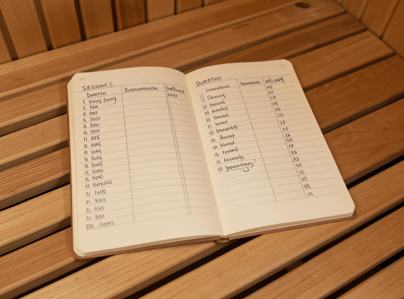 An open handwritten session log notebook with duration and kWh figures on a sauna bench