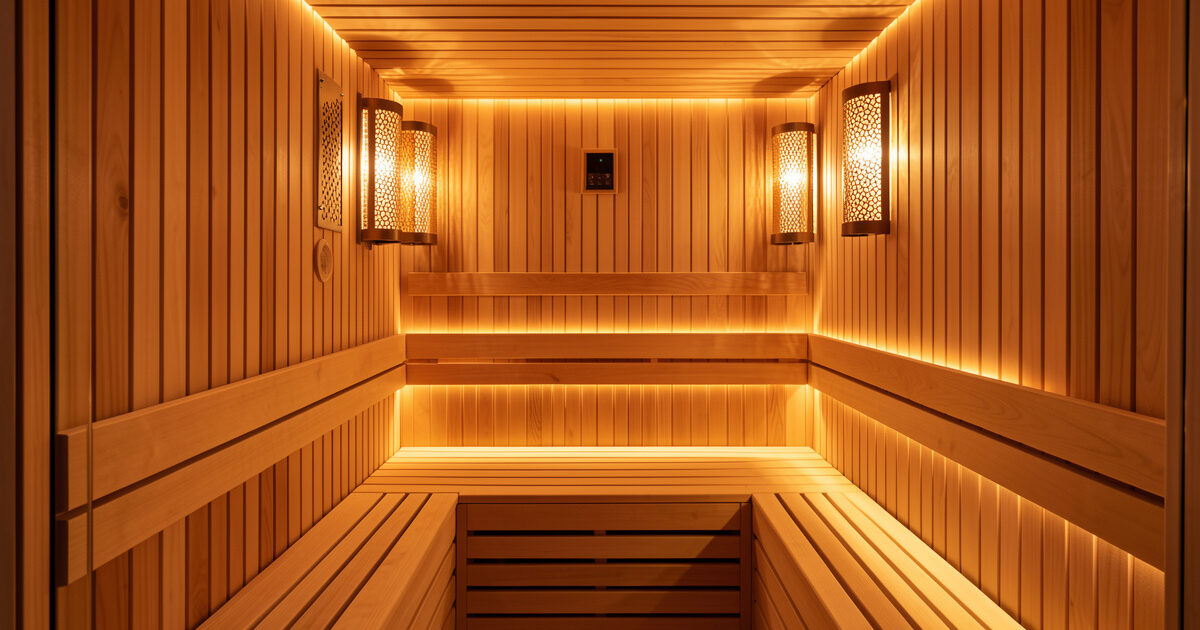 Modern infrared sauna cabin warming up before a session, wood panels glowing warm