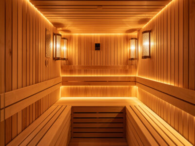 Modern infrared sauna cabin warming up before a session, wood panels glowing warm