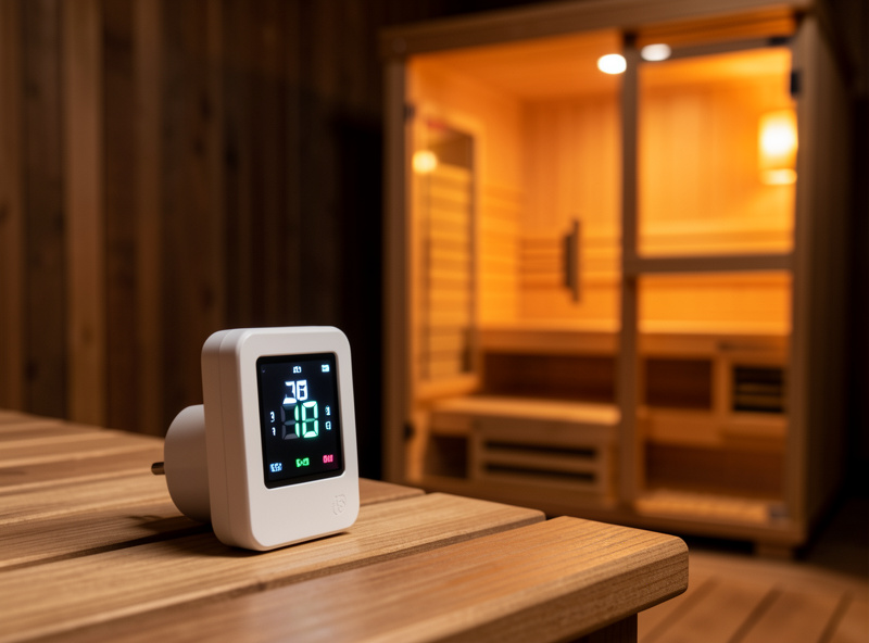 Smart plug and digital timer set to preheat an infrared sauna cabin before a session