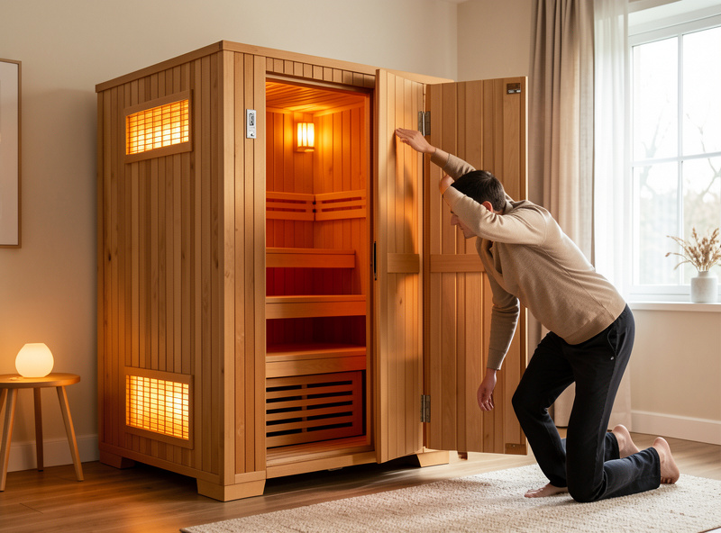Person doing light warm-up movement beside a preheating infrared sauna cabin