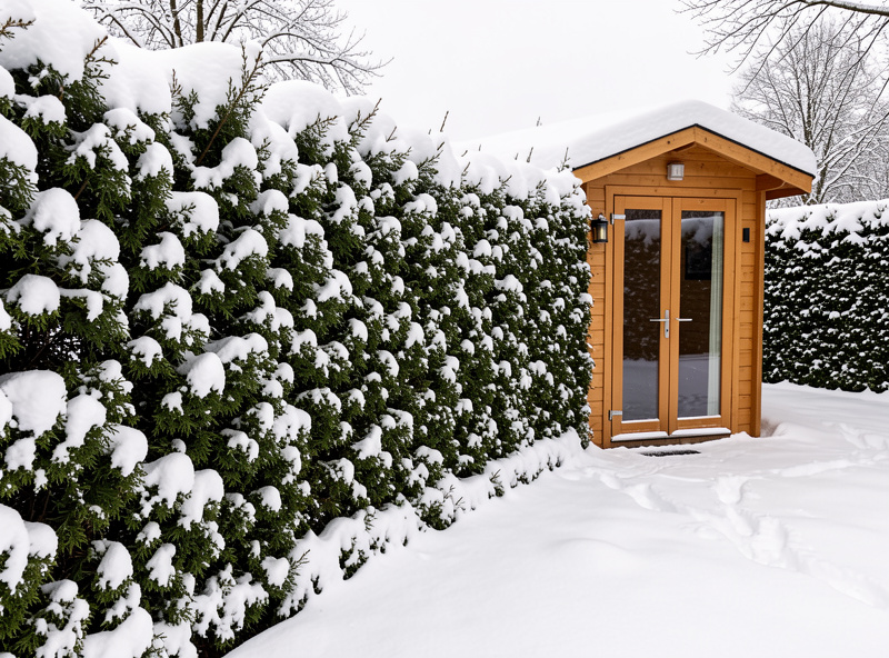 Dense snow-covered evergreen hedge sheltering a small sauna cabin from wind with the door facing away from the yard