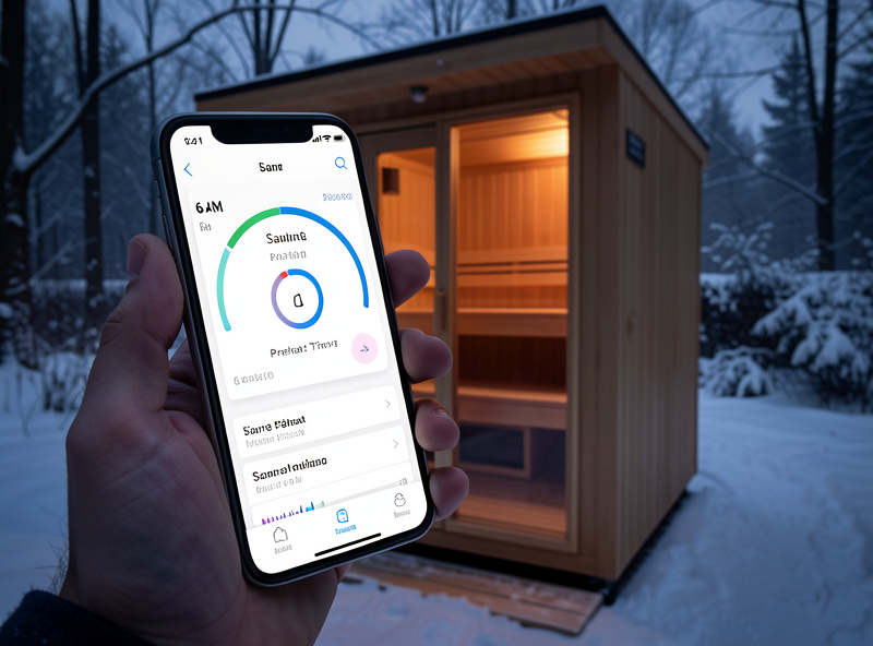 Smartphone showing a smart-home app with a 6 AM sauna preheat schedule in front of an infrared sauna on a dark winter morning