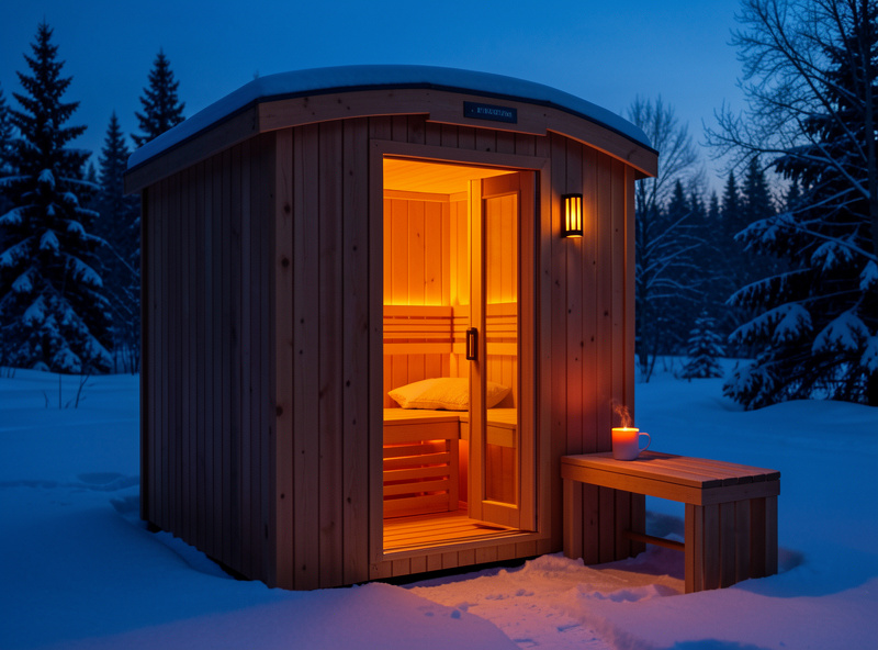 A warm glowing infrared sauna cabin ready to use on a dark winter morning with a mug of tea nearby