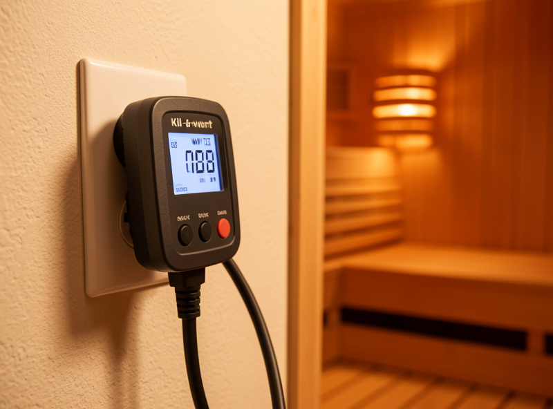 Plug-in energy meter measuring the power draw of an infrared sauna at a wall outlet